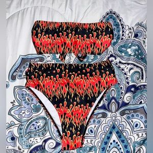 2 piece Bikini SWIMSUIT W/ a XS DRIPPING FLAMES BANDU TOP w/ high waisted bottom